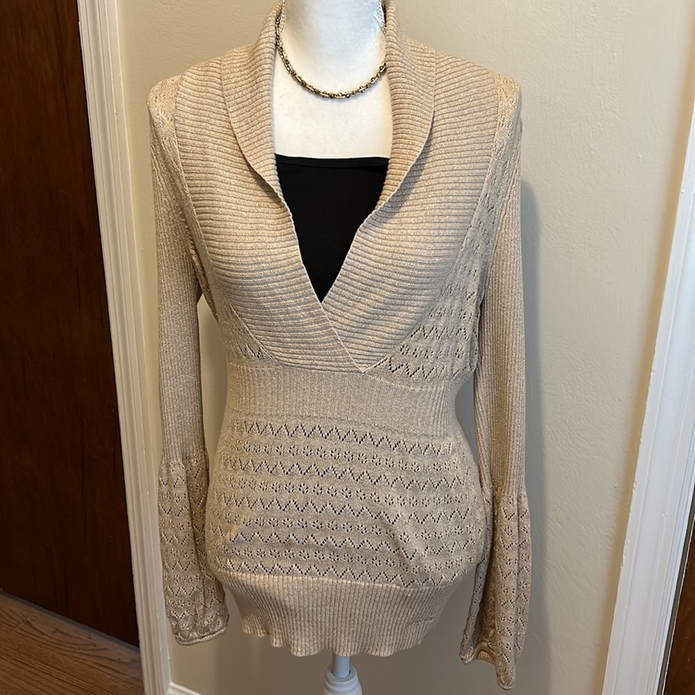 DKNY gold sparkle V-neck sweater with tulip sleeve. Excellent used condition